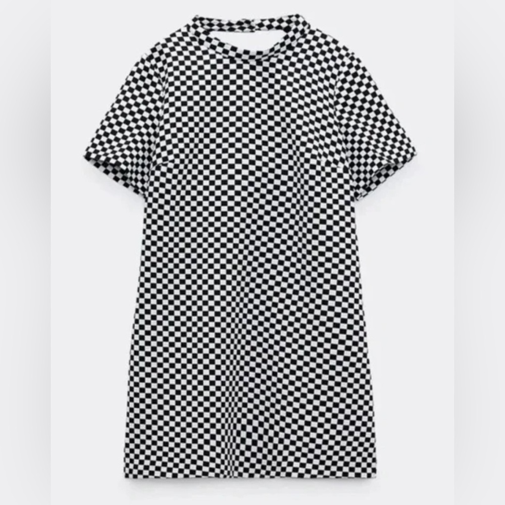 Zara short checkered checker print dress black and white mod retro style XL